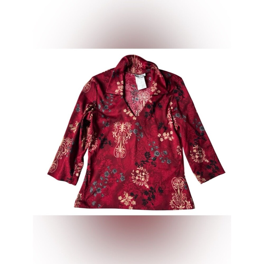 Vintage 90's Rave City Asian Inspired 3/4 Sleeve Red Floral Top Blouse Medium